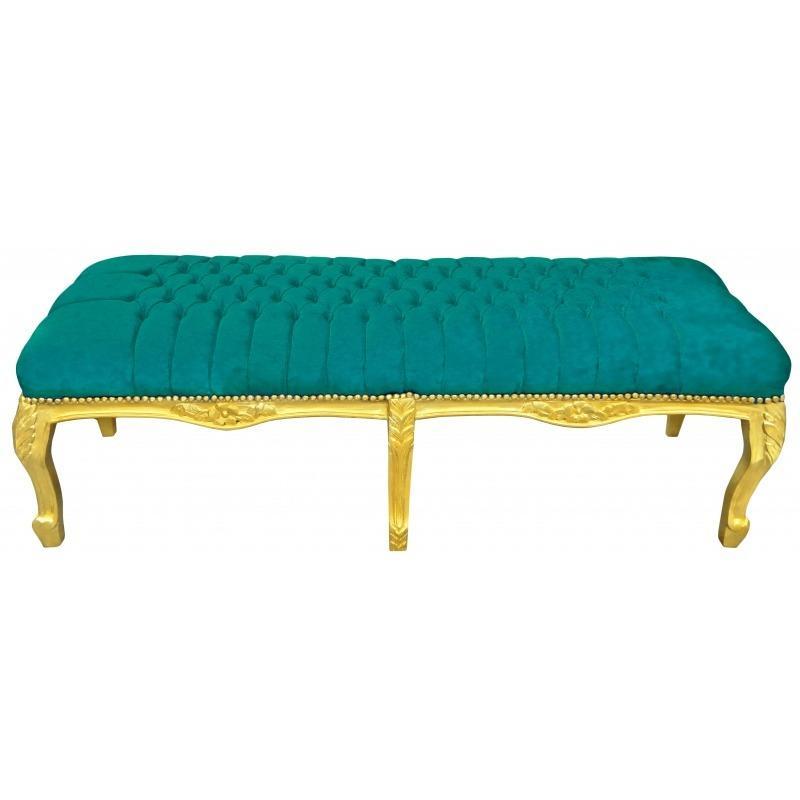 Baroque Flat Bench Louis XV - Green Velvet Fabric - Gold Wood - MACE