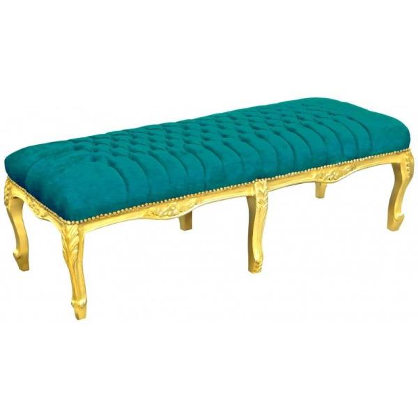 Baroque Flat Bench Louis XV - Green Velvet Fabric - Gold Wood - MACE