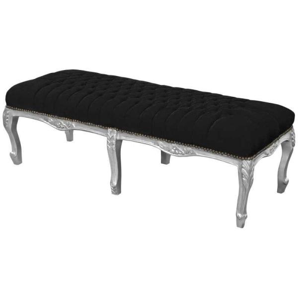 Barocke Flachbank Louis XV - Schwarzer Samtstoff - Silbernes Holz - 140cm Länge -MACE