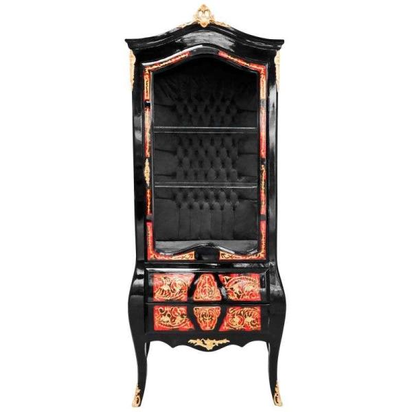 Luxusvitrine im Stil Napoleon III - Vitrine mit Boulle-Einlegearbeiten - Farbe Schwarz/Gold - Innenausstattung aus schwarzem Samtstoff MACE