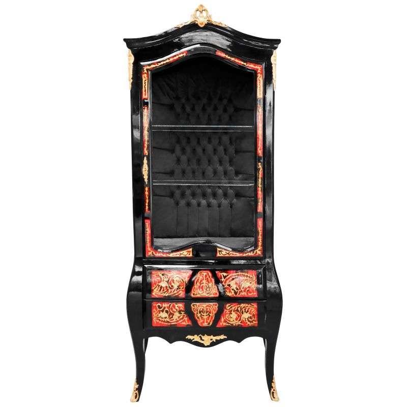Luxury display cabinet - Napoleon III style - Boulle marquetry vitrine - Black/Gold colour - Black interior velvet fabric MACE