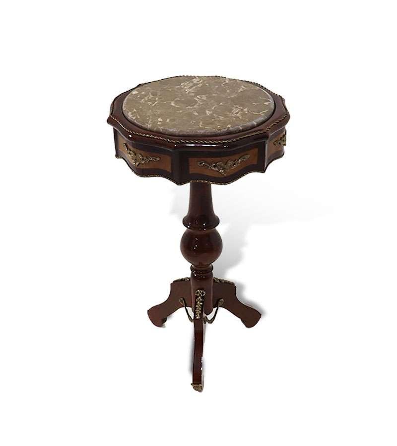 Brown barouqe side table - top marble surface - Solid wood - Handmade - Hexagonal shape - Brass - MACE