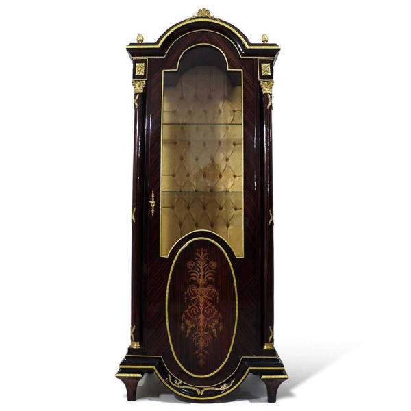 Luxus-Vitrine im braunen Barockstil - Zwei Glasböden - Stauraum im Boden - Messing - Intarsien - MACE