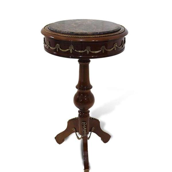 Brown Baroque Side Table - Marble Surface - Solid Wood - Handmade - Round Shape - Brass - MACE