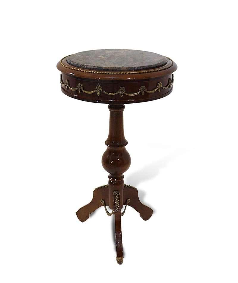 Brown Baroque Side Table - Marble Surface - Solid Wood - Handmade - Round Shape - Brass - MACE