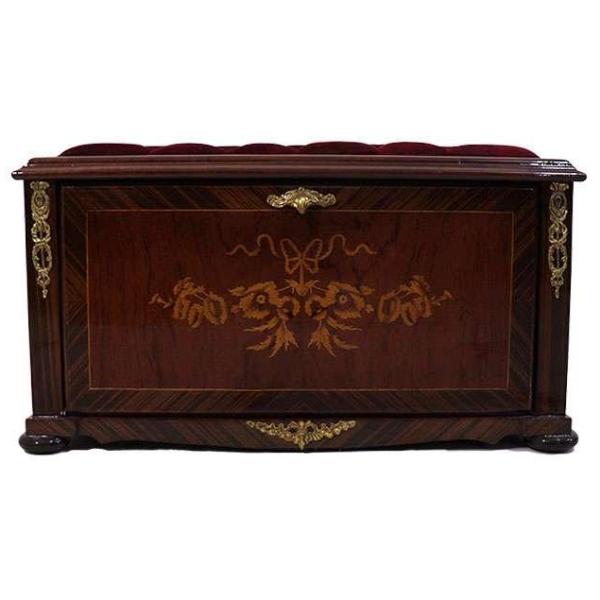 Baroque seating shoe cabinet-Brown colour-Marquetry-Brass-Solidwood-Red velvet upholstery-MACE