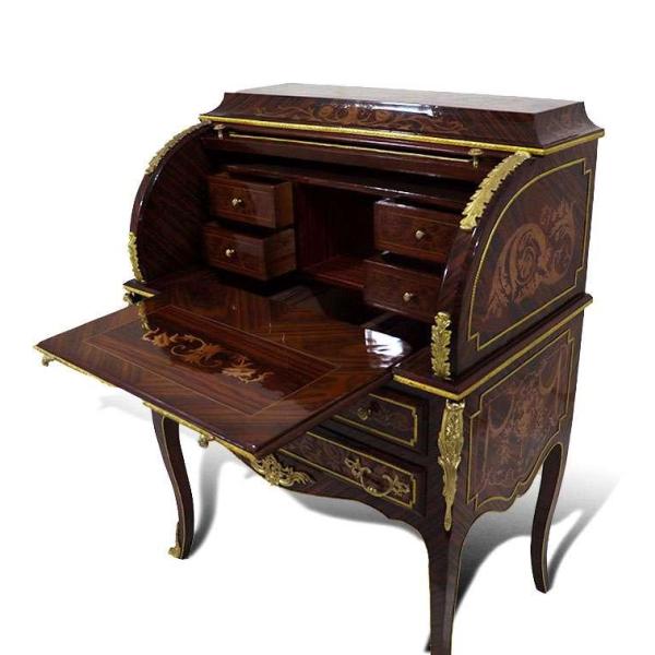 MACE Heritage - Luxuriöser barocker Sekretär im Louis XV-Stil - Zylinderschreibtisch - 7 Schubladen - Braun/Goldmessing - Damenschreibtisch - Barockmöbel
