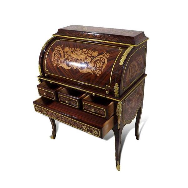 MACE Heritage - Luxuriöser barocker Sekretär im Louis XV-Stil - Zylinderschreibtisch - 7 Schubladen - Braun/Goldmessing - Damenschreibtisch - Barockmöbel