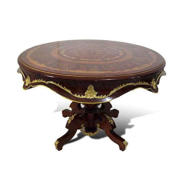 MACE-Barock runder Tisch mit Wellenkanten - Intarsien - Farbe braun - Messing - Esstisch für vier Personen - 130 cm