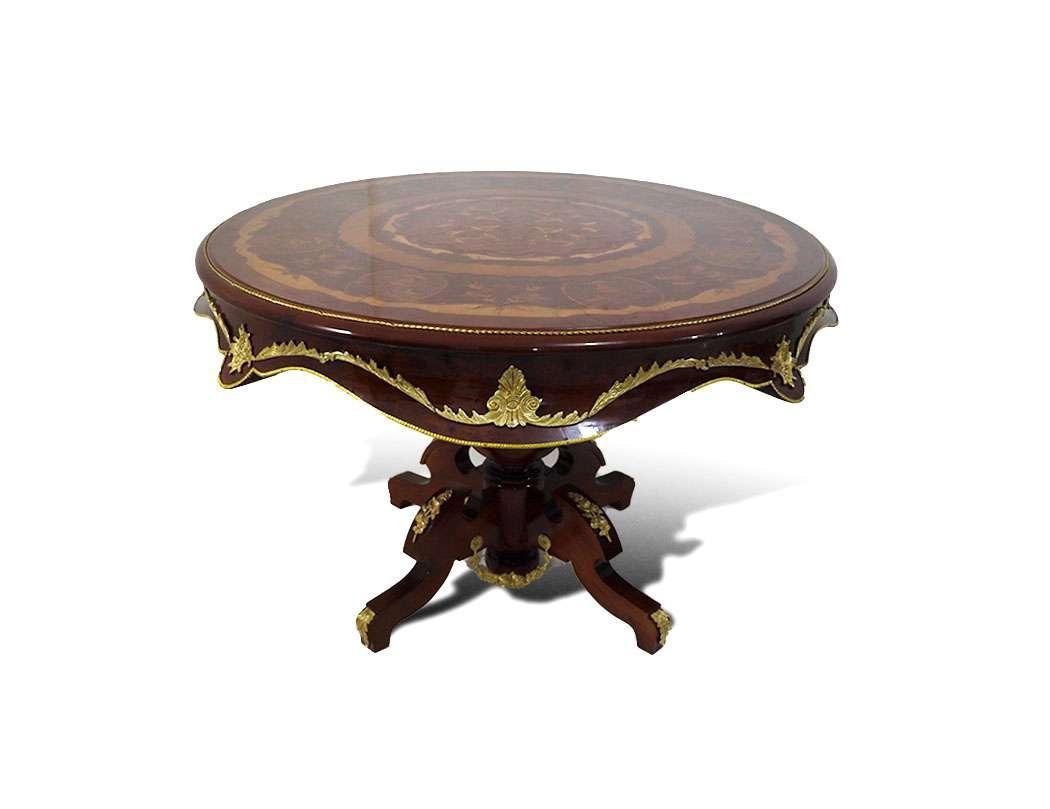 MACE-Barock runder Tisch mit Wellenkanten - Intarsien - Farbe braun - Messing - Esstisch für vier Personen - 130 cm