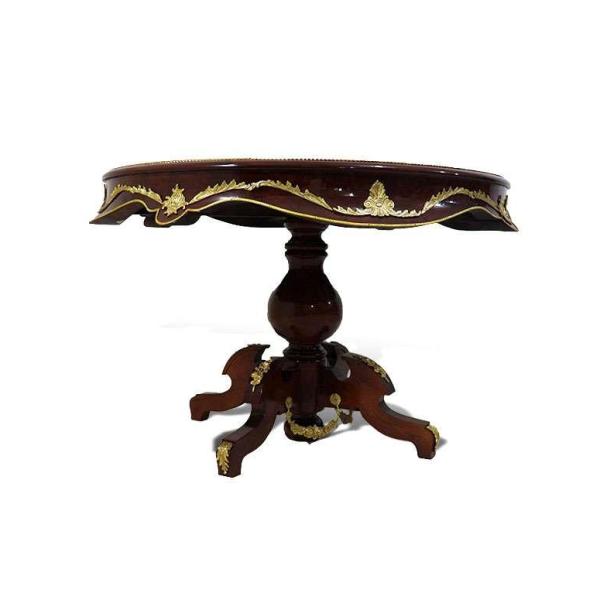 MACE-Barock runder Tisch mit Wellenkanten - Intarsien - Farbe braun - Messing - Esstisch für vier Personen - 130 cm