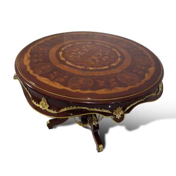 MACE-Barock runder Tisch mit Wellenkanten - Intarsien - Farbe braun - Messing - Esstisch für vier Personen - 130 cm