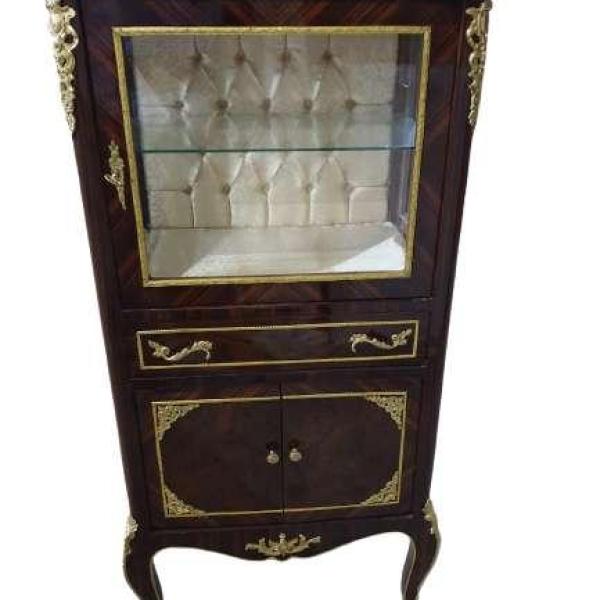 MACE - Baroque Louis XV style display case - Brown/Green marble - Golden fabric - One glass shelf - One drawer - Storage cabinet - Baroque furniture