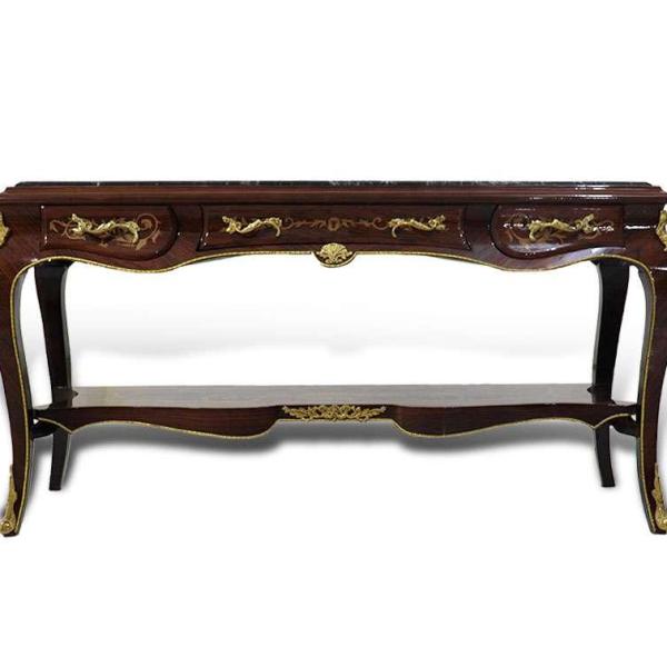 MACE Heritage - Barock TV-Tisch - Farbe Braun - Messing - Drei Schubladen - Eine Holzablage - Marmorplatte - Intarsien - Barockmöbel - 122cm Breite