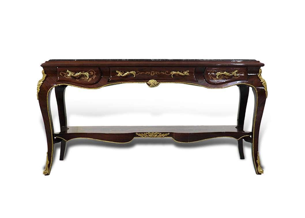 MACE Heritage - Barock TV-Tisch - Farbe Braun - Messing - Drei Schubladen - Eine Holzablage - Marmorplatte - Intarsien - Barockmöbel - 122cm Breite