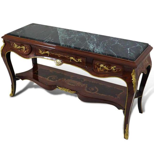 MACE Heritage - Barock TV-Tisch - Farbe Braun - Messing - Drei Schubladen - Eine Holzablage - Marmorplatte - Intarsien - Barockmöbel - 122cm Breite