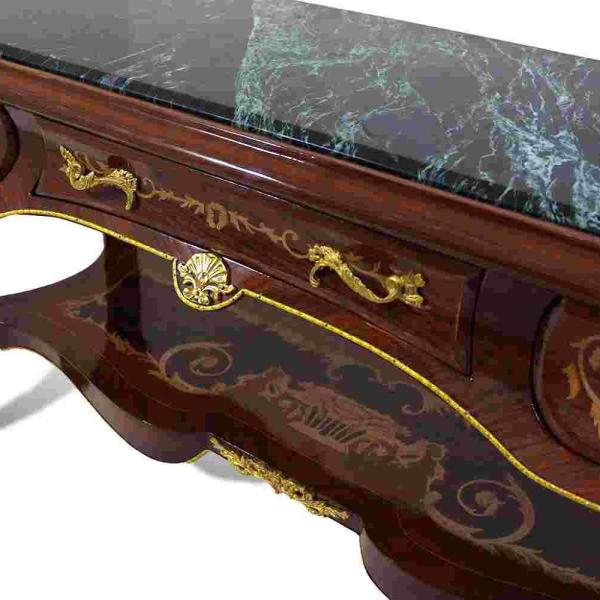 MACE Heritage - Barock TV-Tisch - Farbe Braun - Messing - Drei Schubladen - Eine Holzablage - Marmorplatte - Intarsien - Barockmöbel - 122cm Breite