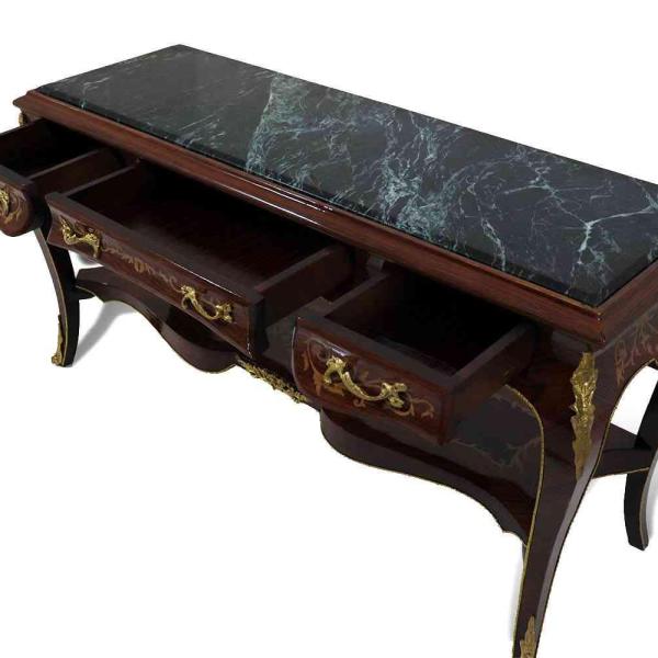 MACE Heritage - Barock TV-Tisch - Farbe Braun - Messing - Drei Schubladen - Eine Holzablage - Marmorplatte - Intarsien - Barockmöbel - 122cm Breite