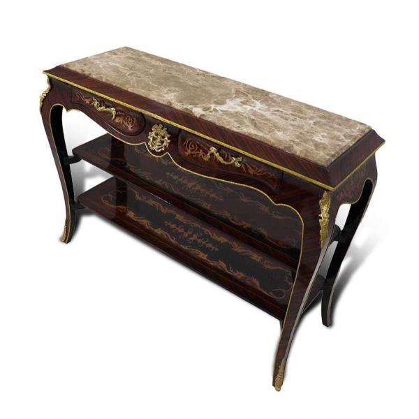 MACE Heritage - Barock TV-Tisch-Braun Farbe-Messing-Zwei Schubladen-Zwei Holzeinlegeböden - Marmorplatte - Intarsien - Barock Möbel - 110cm Breite
