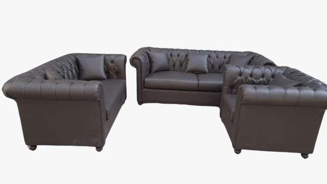 Chesterfield set style - Brown German faux leather - Dark brown color - Three seater - Two seater + One armchair - Furniture for living room - Office room