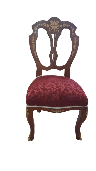 Luxury baroque dining chair in brown with brass and marquetry - Red velvet fabric - Brass strap frame - MACE