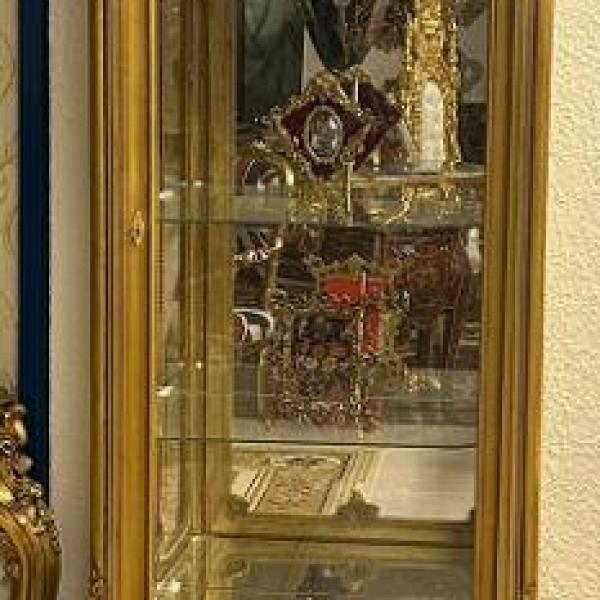 MACE-Barock-Goldvitrine-Drei Glasböden-Eine Schublade-Spiegelrückwand-Klassische Möbel- Wohnzimmer und Flur-210cm