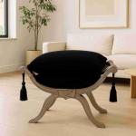 Barocke Sitzhockerbank - Degobart - Schwarzer Samtstoff - Silbernes Holz - MACE