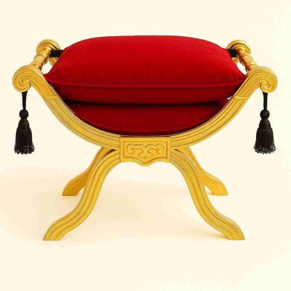 Barocke Sitzhockerbank - Degobart - Schwarzer Samtstoff - Vergoldetes Holz - MACE