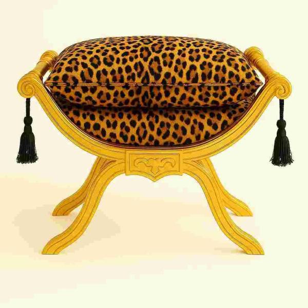 Barocke Sitzhocker Bank - Degobart - Leopardenstoff - Vergoldetes Holz - MACE