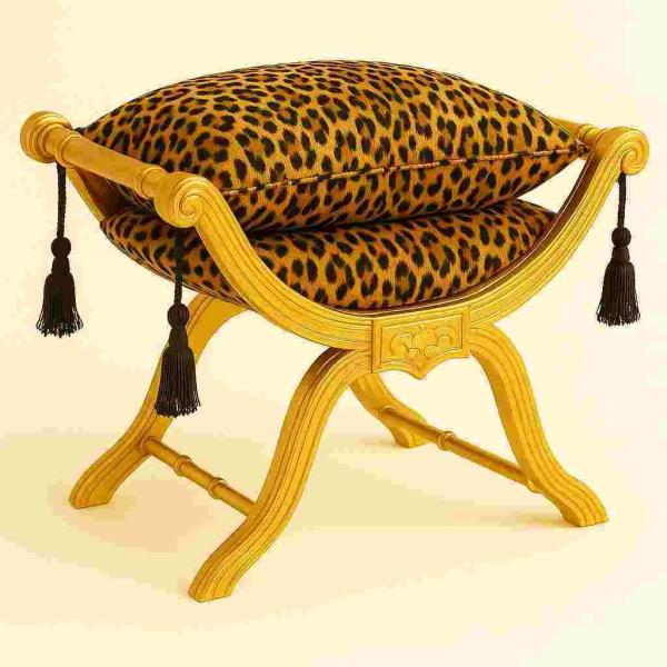 Baroque seating stool bench - Degobart - Leopard fabric - Gilded Wood - MACE
