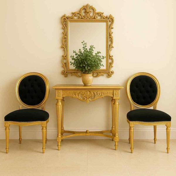 Mace Heritage Barocker Louis XVI Esszimmerstuhl – Schwarzer Samt & Goldrahmen