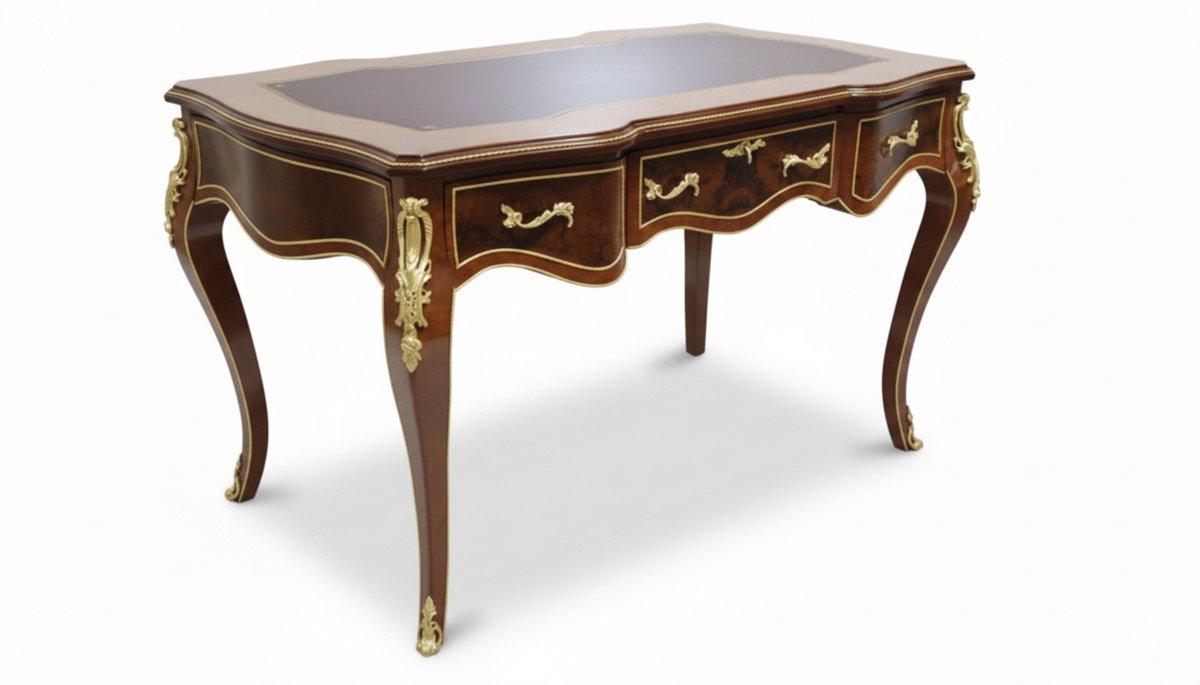 MACE Heritage – Louis XV Baroque Desk in Wood with Brass, 3 Drawers, Leather-Style Top