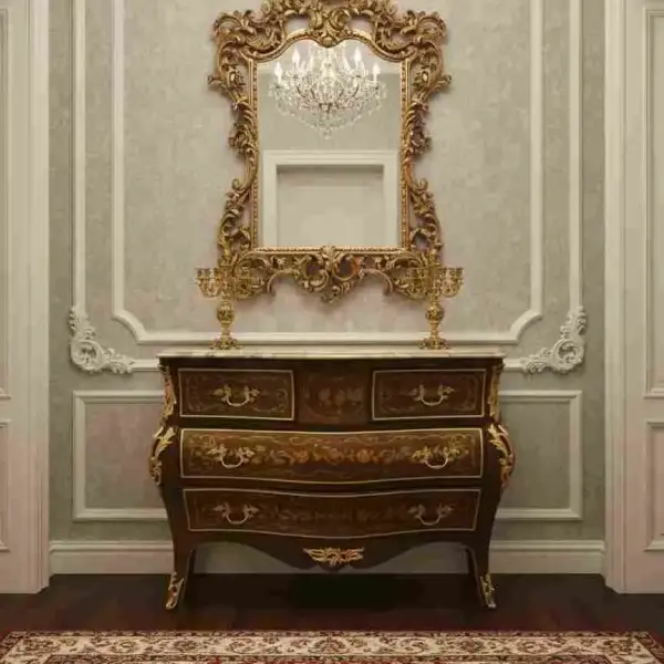 MACE Heritage-Barock Kommode-Braun Farbe-Messing- Vier Schubladen- Beige Marmorplatte- Intarsien -140cm