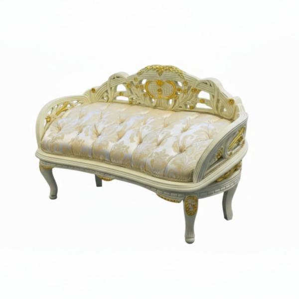 MACE-Barock-Sitzbank – Gestell in Goldbeige – Stoff in Gold-Champagner – kleines Damen-Sitzsofa – Kommodensofa – Barockmöbel