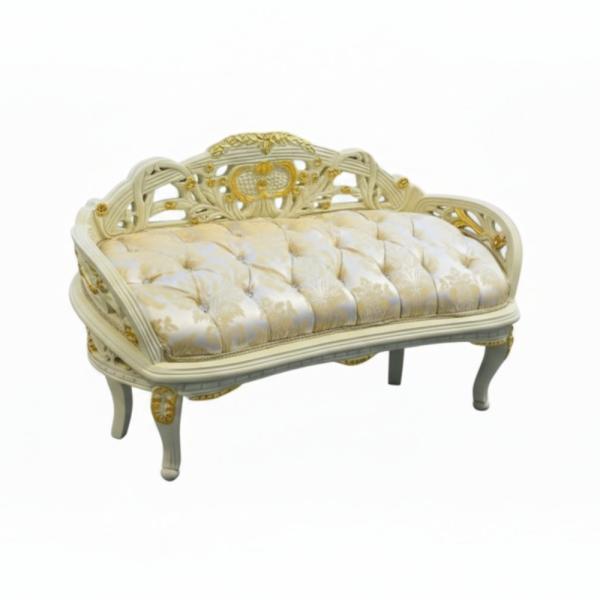 MACE-Barock-Sitzbank – Gestell in Goldbeige – Stoff in Gold-Champagner – kleines Damen-Sitzsofa – Kommodensofa – Barockmöbel