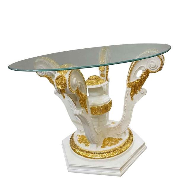 MACE Heritage Barock Glastisch – Weiß-Gold Sockel & Glasplatte – Handgefertigt