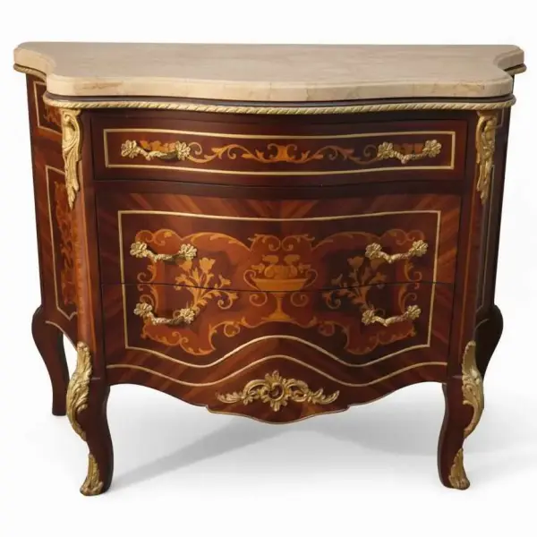 MACE Heritage - Baroque Style Commode - Brown Color - Brass - 3 Drawers - Beige Marble - Marquetry - 115cm W