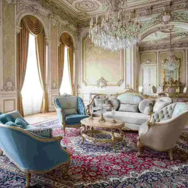 MACE Heritage - luxuriöses barockes Salonset - babyblaue und beige Farbe - Samtstoff - goldener champagnerfarbener Holzrahmen - zwei 3-Sitzer Sofas + 2 Armlehnen + ovaler Couchtisch