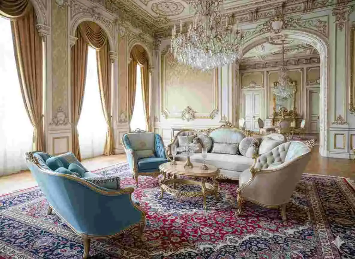 MACE Heritage - luxuriöses barockes Salonset - babyblaue und beige Farbe - Samtstoff - goldener champagnerfarbener Holzrahmen - zwei 3-Sitzer Sofas + 2 Armlehnen + ovaler Couchtisch