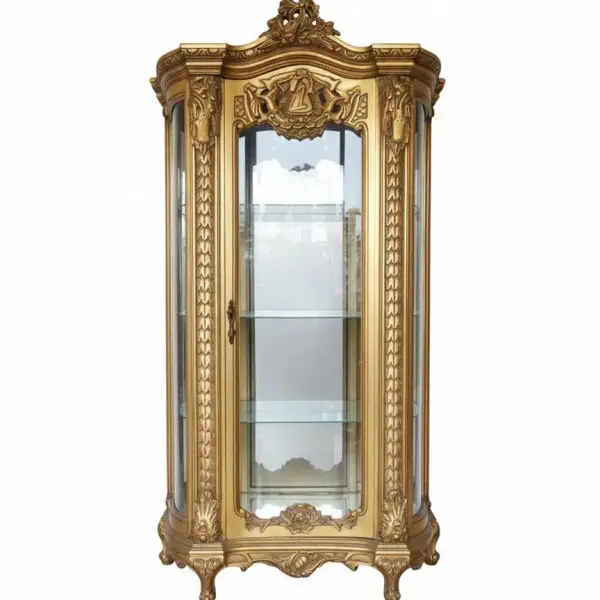 MACE Heritage-Luxuriöse Barock-Goldvitrine – handgefertigt – Massivholz – 3 Glasböden – Spiegelrückwand