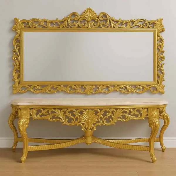Luxury Baroque Gold mirror console - Black marble - Gold - 280 cm width - MACE