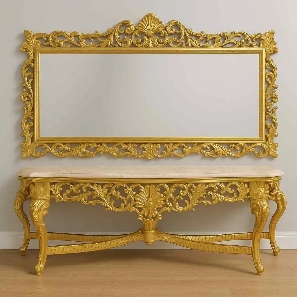 Luxury Baroque Gold mirror console - Black marble - Gold - 280 cm width - MACE