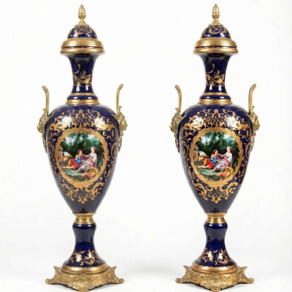 MACE Heritage - barocke Romeo und Julia Porzellan Vase Set -Messinggriff - Zwei Vasen - 80cm