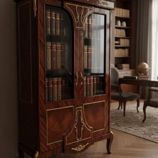 MACE-Baroque office display case - Brass - Brown color - Two glass doors - Two drawers - Filing cabinet - Office furniture