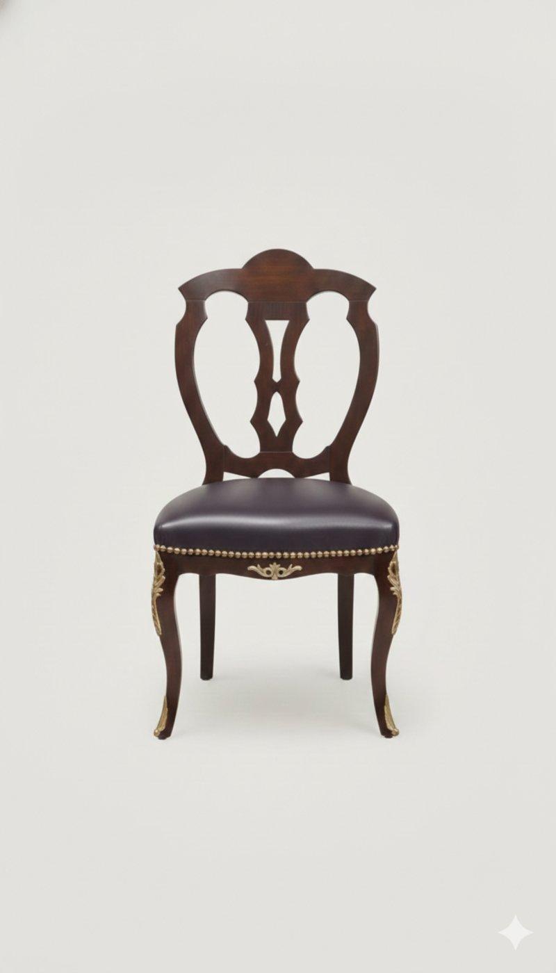 MACE Heritage – Louis XV Baroque Chair in Brown Beechwood with Dark Faux Leather Seat and Brass Details