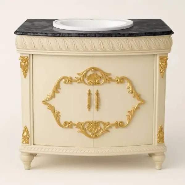Barocker Stil - Waschbeckenschrank - Schwarzer Marmor - Weißes Keramikwaschbecken - Gold/Beige - 110cm - Klassische Möbel - Badezimmermöbel - MACE