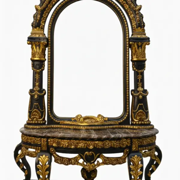 MACE Heritage – Monumental Baroque Mirror with Console – Black & Gold Leaf – Marble Top – 260 cm