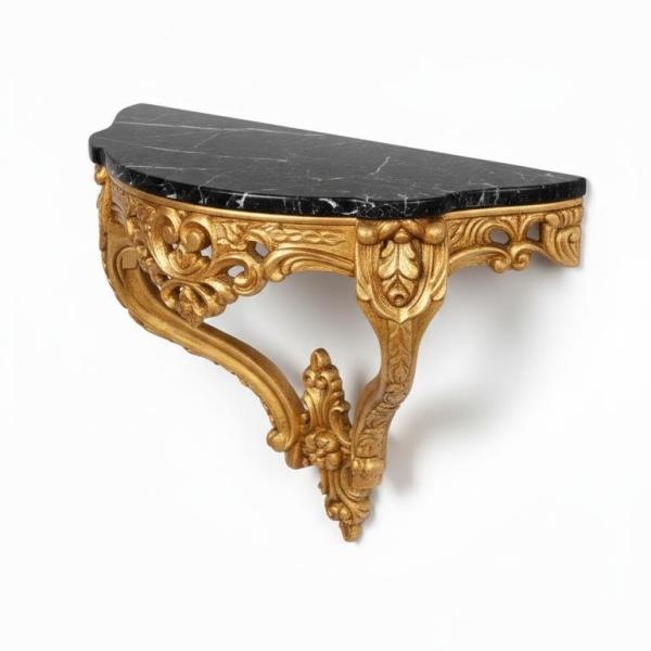 MACE Heritage – Baroque Wall Console Table with Black Natural Marble Top, Gold Finish and Louis XV Influence