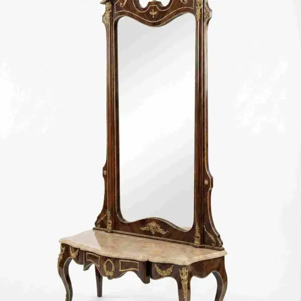 MACE Heritage – Grand Baroque Console Table with Oversized Mirror in Mahogany Look & Brass Details – 217cm