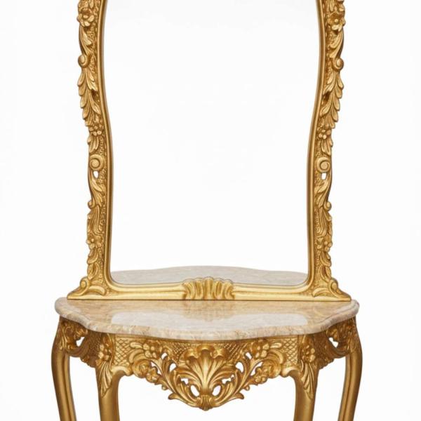 MACE Heritage – Baroque Console Mirror with Beige Marble Top in Antique Gold